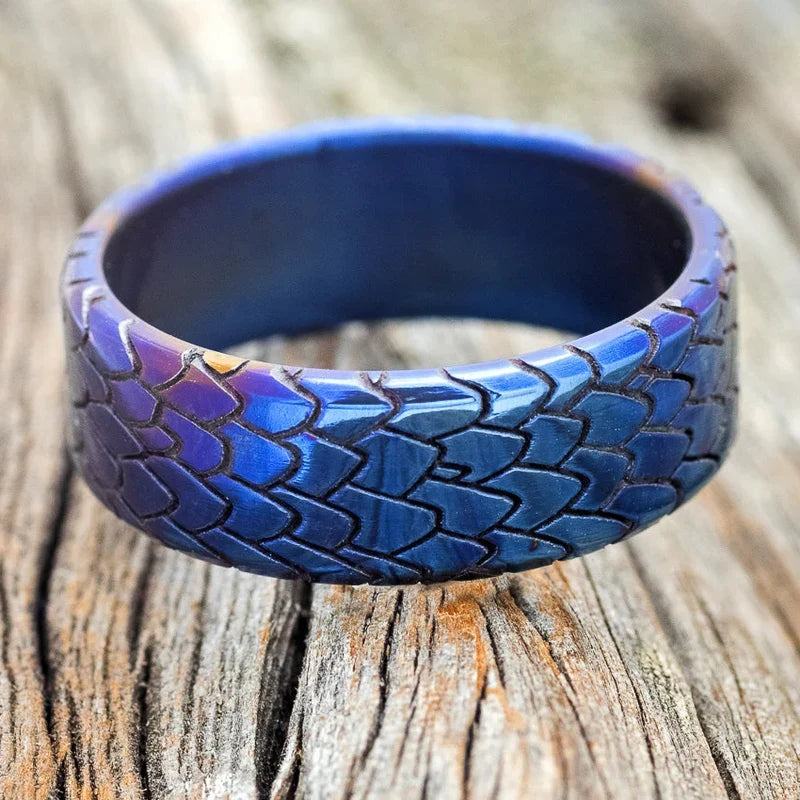 "Echo" - Fire-Treated Titanium Embossed Dragon Scale Wedding Band - Titanium (8mm) - Size 10 1/2