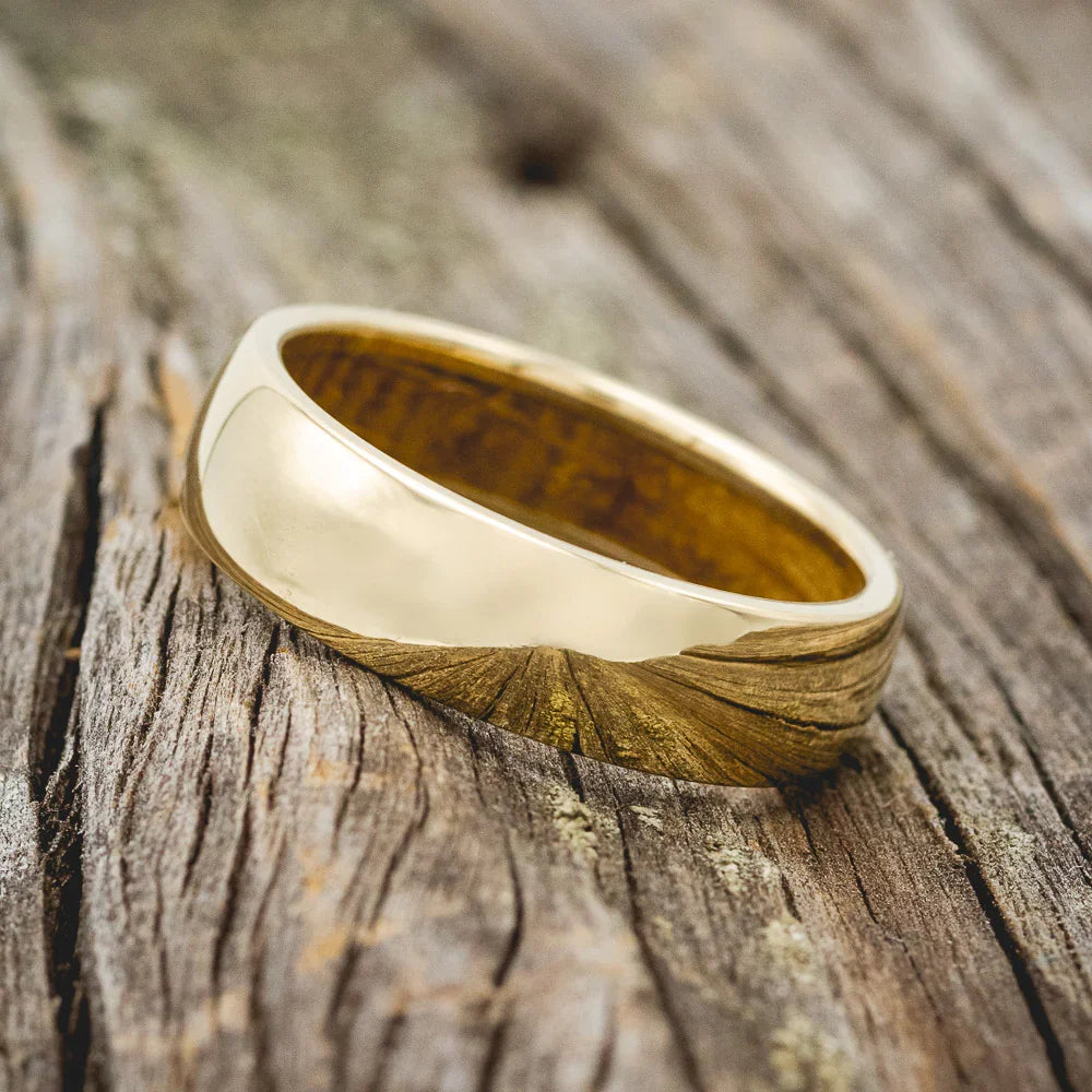 Domed Whiskey Barrel Lined Wedding Band - 14K Yellow Gold (6mm) - Size 10