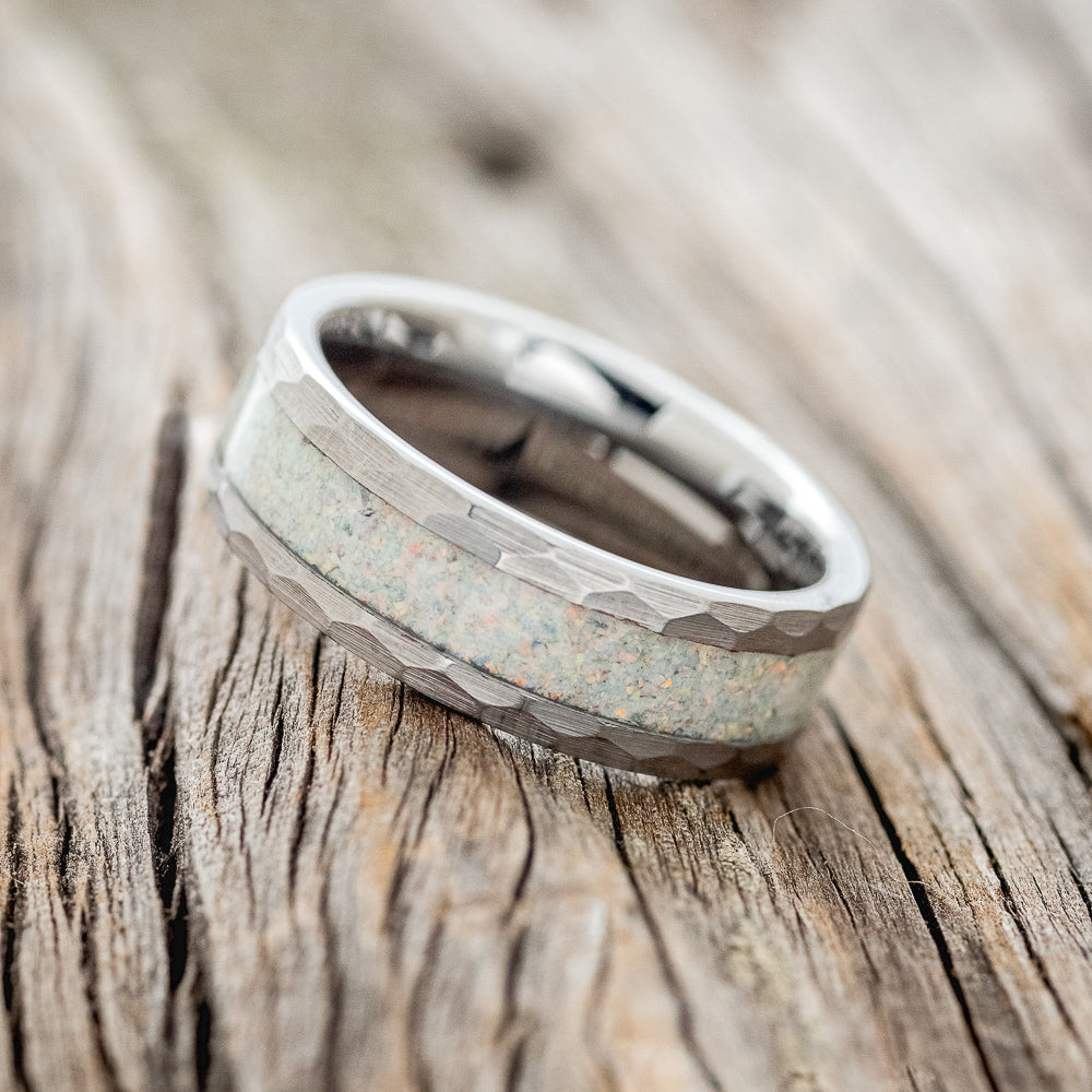 "Apollo" - Fire & Ice Opal Wedding Band With Faceted Edges - Tungsten - Size 9 1/2