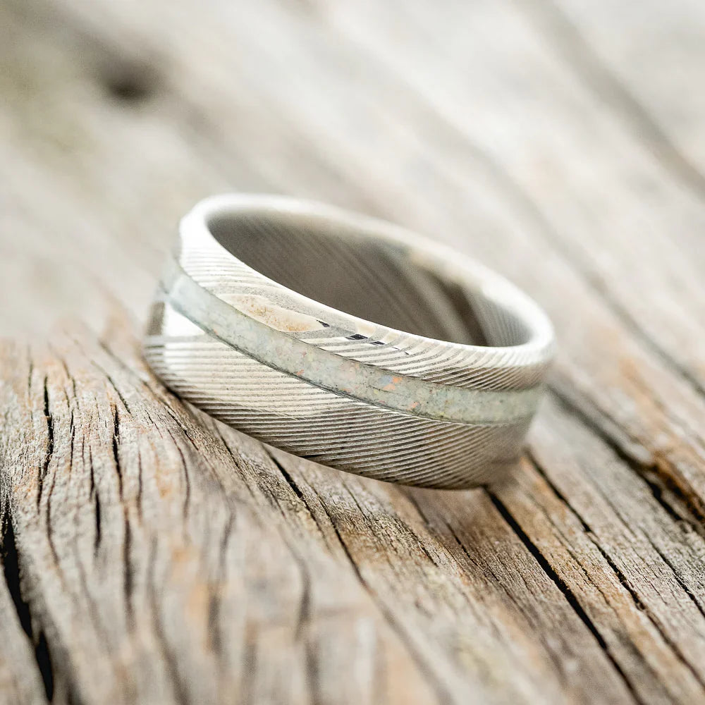 "Vertigo" - Fire & Ice Opal Wedding Band - Damascus Steel (8mm) - Size 5 1/2