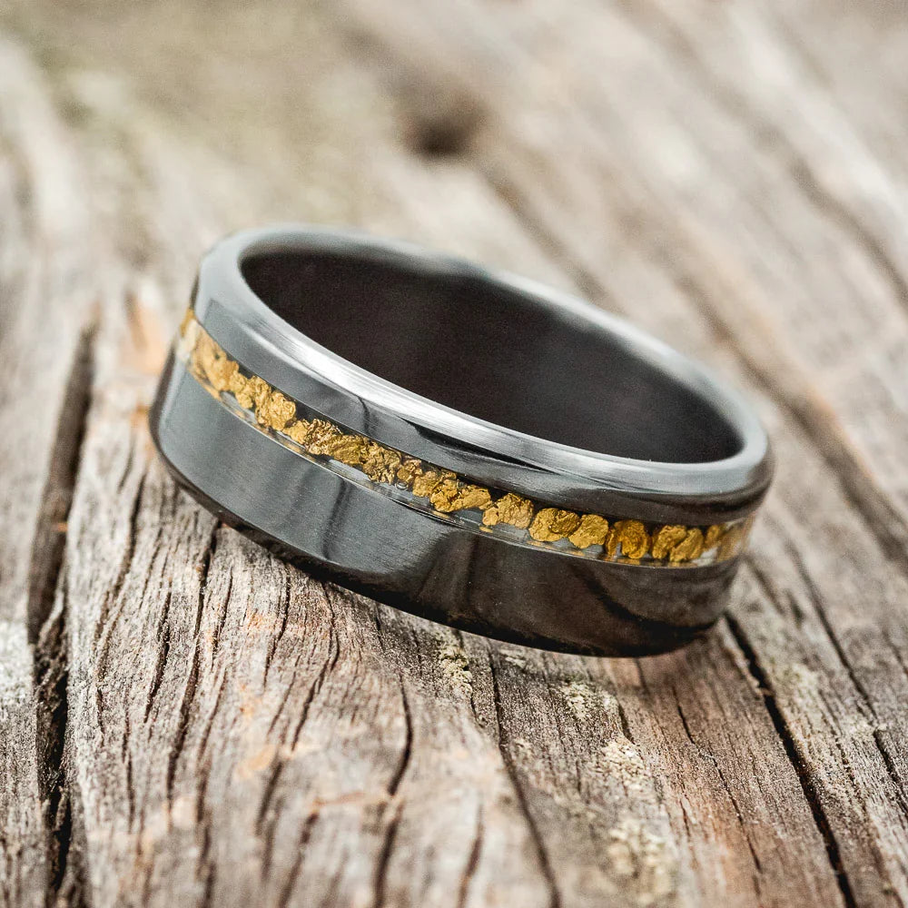 "Vertigo" - Gold Nugget Inlay Wedding Ring - Black Zirconium (8mm) - Size 8 1/2