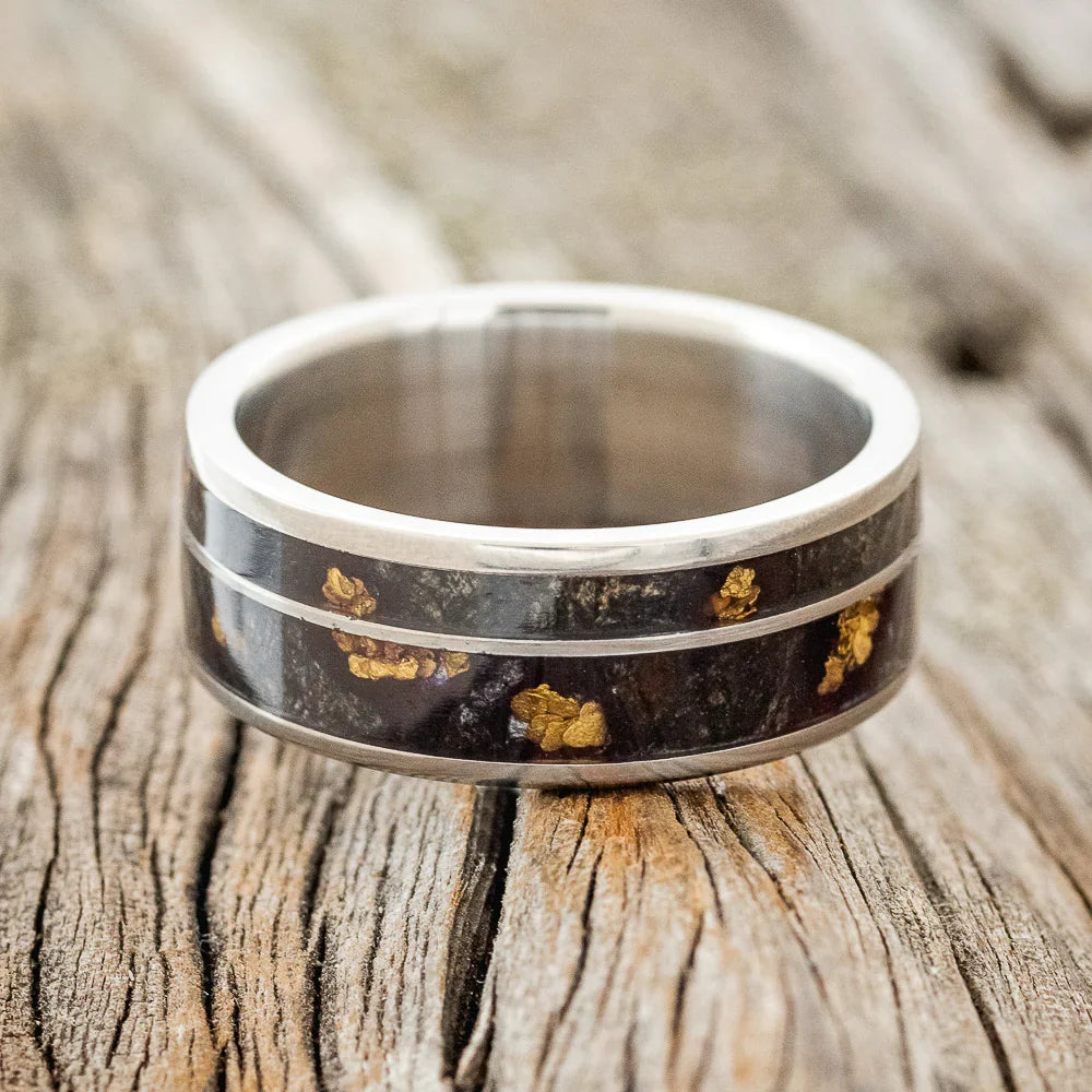 "Raptor" - Buckeye Burl Wood With Gold Nugget Inlays Wedding Ring - Titanium (8mm) - Size 9