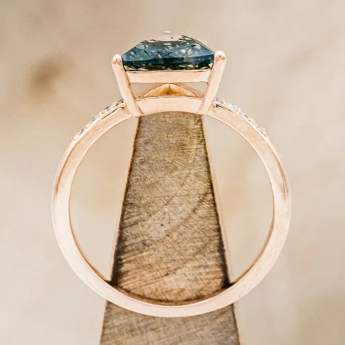 "Piper" - Trillion Cut Moss Agate Engagement Ring With Diamond Accents - 14K Rose Gold - Size 6