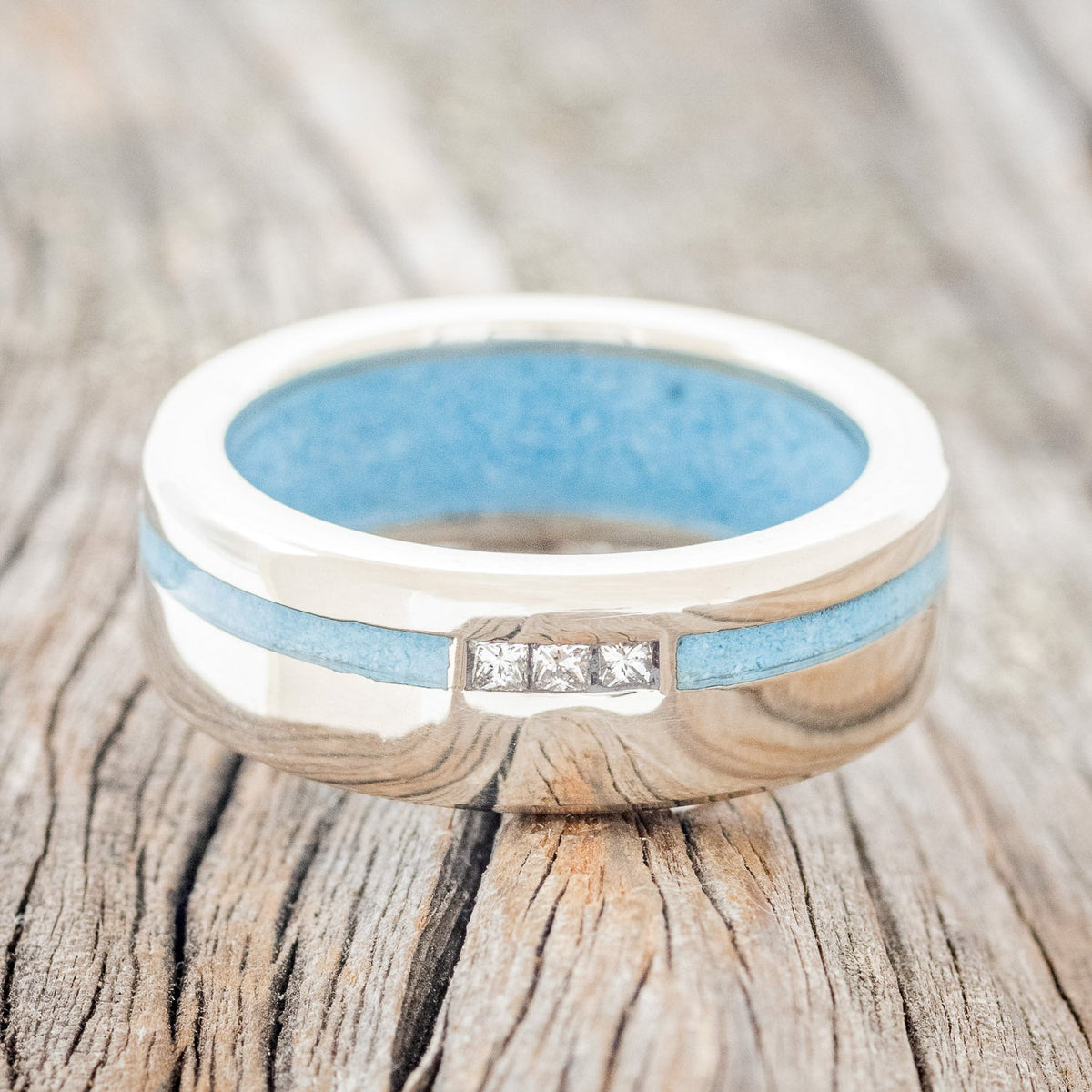 "Julian" - Diamond Accents & Turquoise Wedding Band - 14K White Gold (8mm) - Size 9 3/4