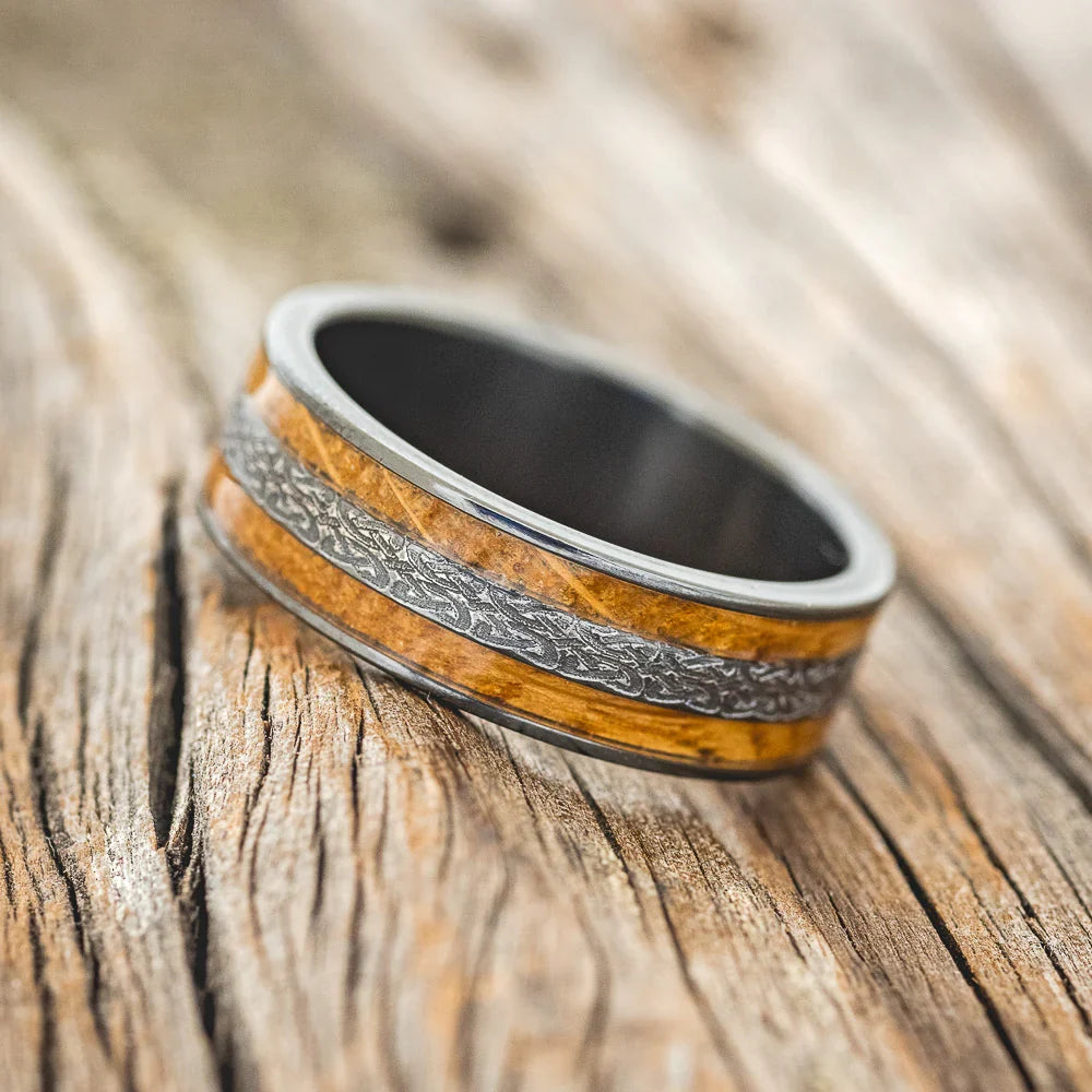 "Ryder" - Celtic Love Knot Engraved Whiskey Barrel Oak Wedding Ring - Black Zirconium (8mm) - Size 10