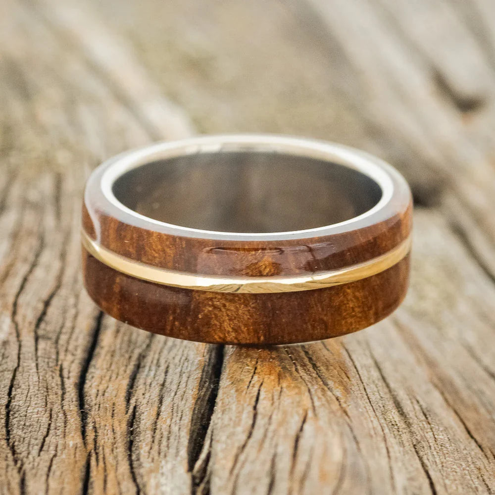 "Golden" - Redwood & 14K Yellow Gold Inlay Wedding Band - Titanium (8mm) - Size 9