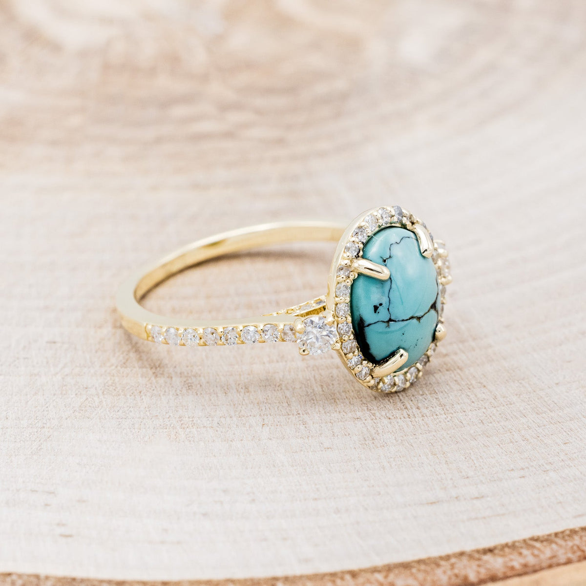 "KB" - Oval Turquoise Engagement Ring With Diamond Halo & Accents - Ready To Ship