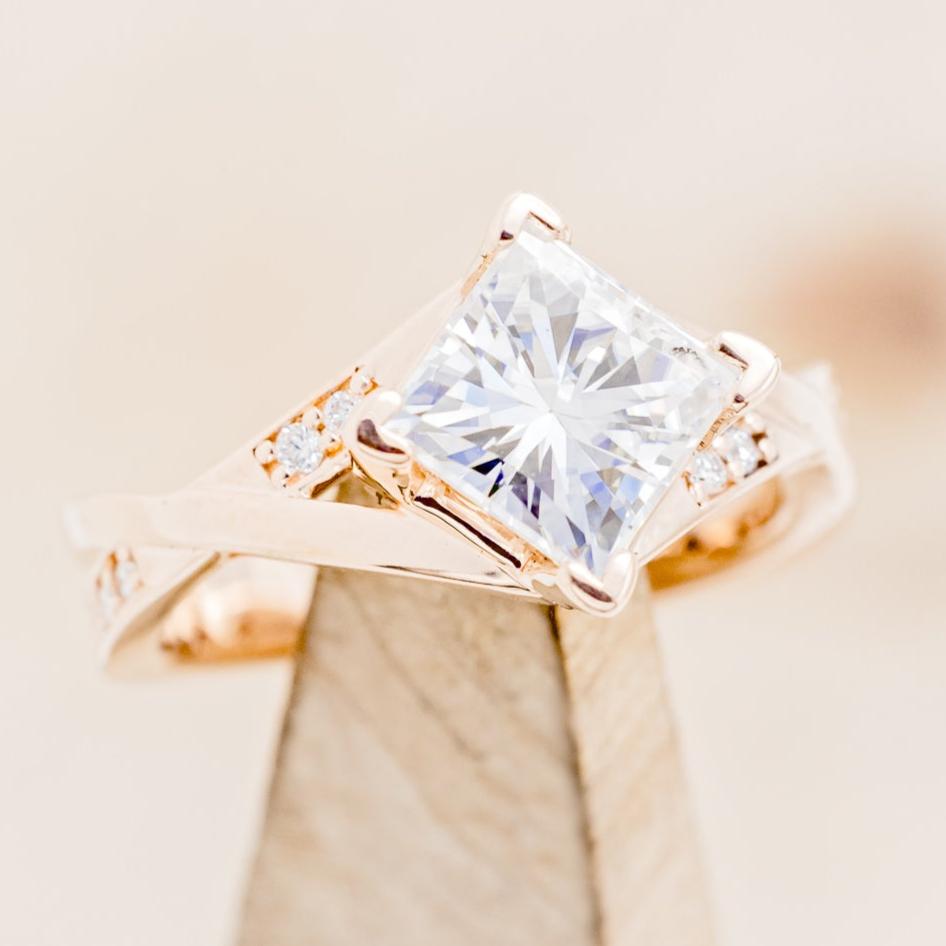 "Lina" - Princess Cut Moissanite Engagement Ring With Turquoise Ring Guard - 14K Rose Gold - Size 6 3/4
