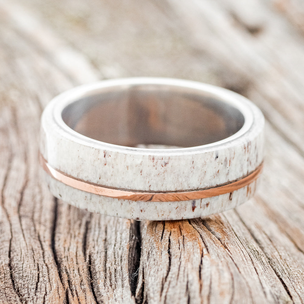 "Golden" - Elk Antler & 14K Rose Gold Inlay Wedding Band - Titanium (8mm) - Size 8 1/2
