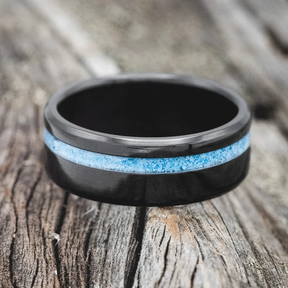 "Vertigo" - Turquoise Inlay Wedding Ring - Black Zirconium (8mm) - Size 9
