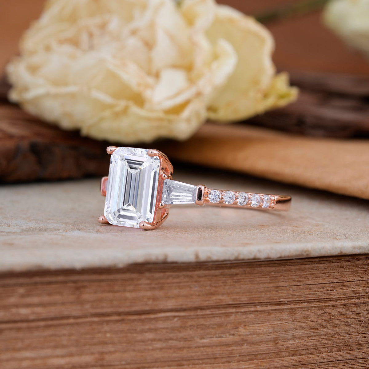 3 Carat Emerald Cut Lab Diamond Ring Three Stone Engagement Ring