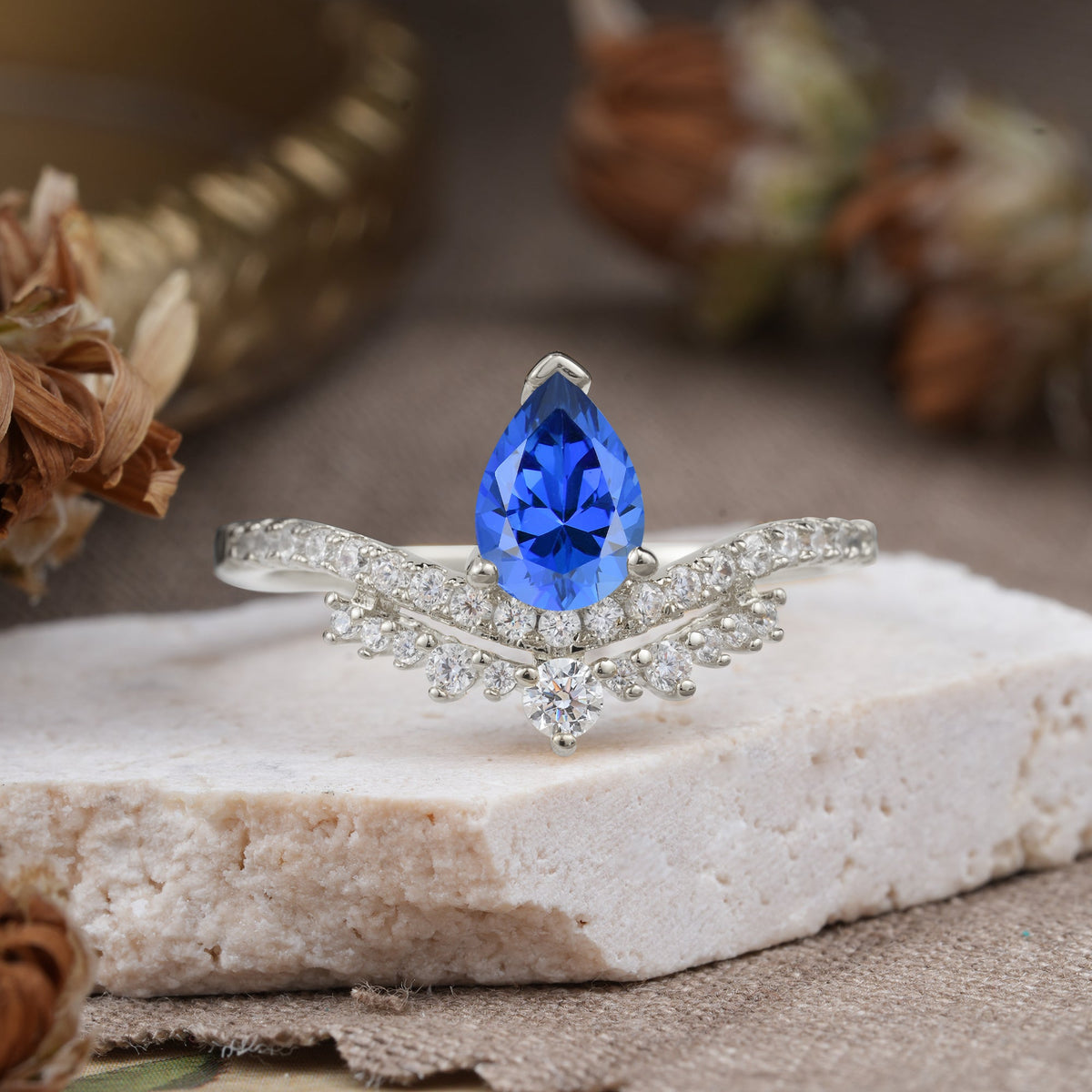 3 Prong Pear Cut Sapphire Dainty Crown Engagement Ring