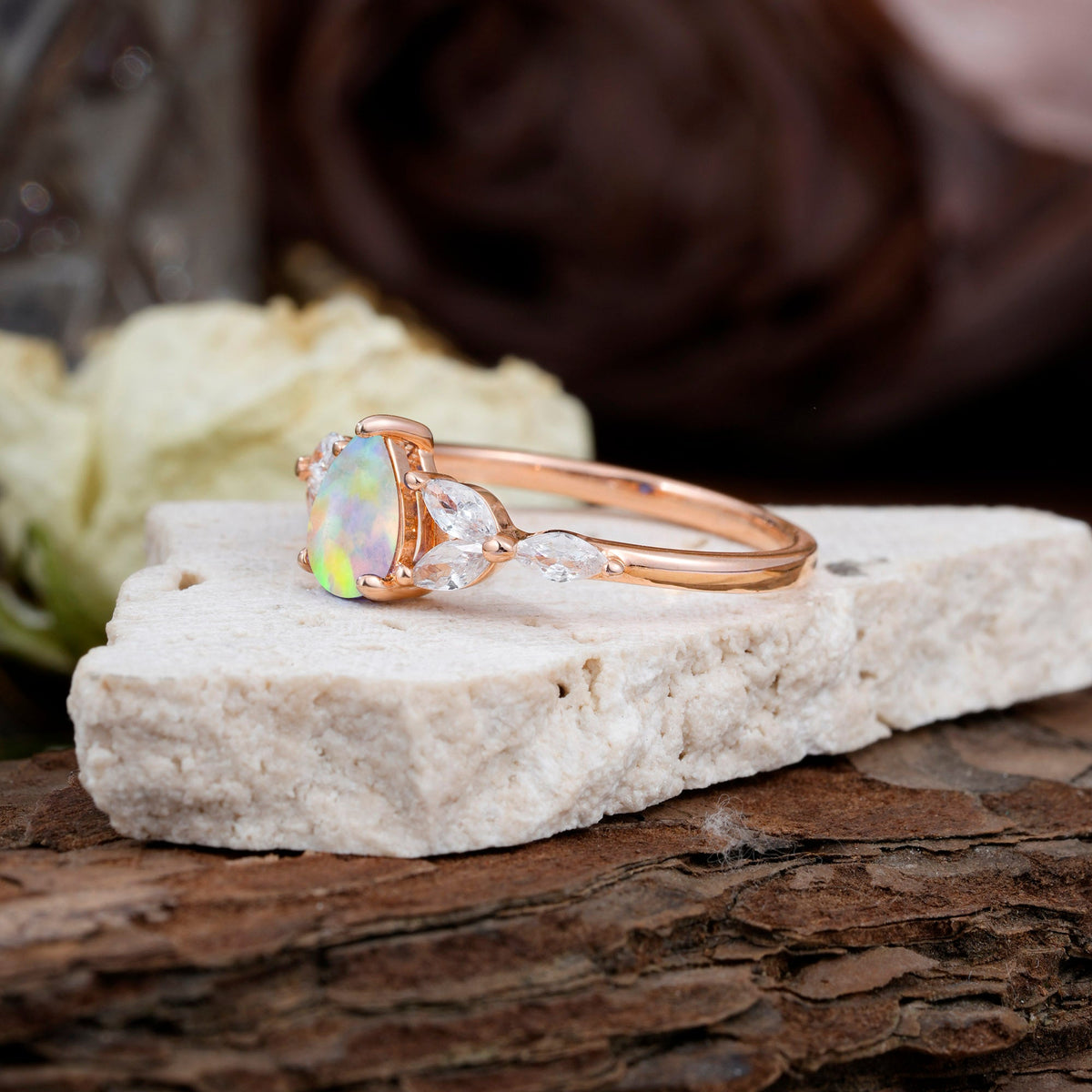 Pear Shaped Opal Nature Inspired Promise Engagement Ring