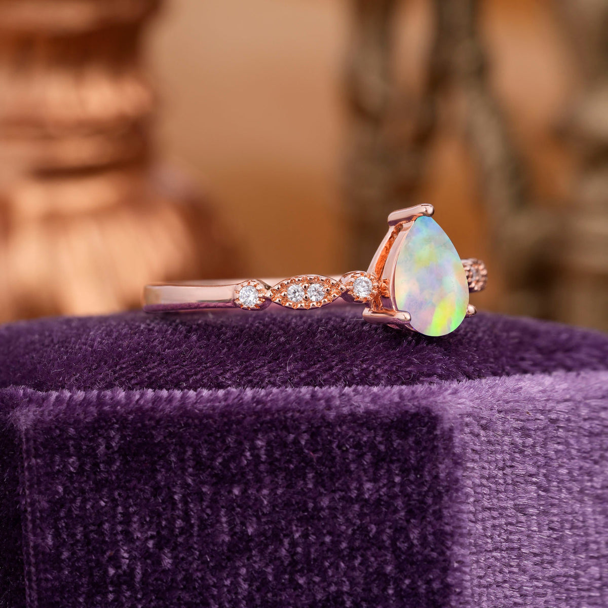 Pear Shaped Vintage Opal Engagement Ring Beaded Promise Ring