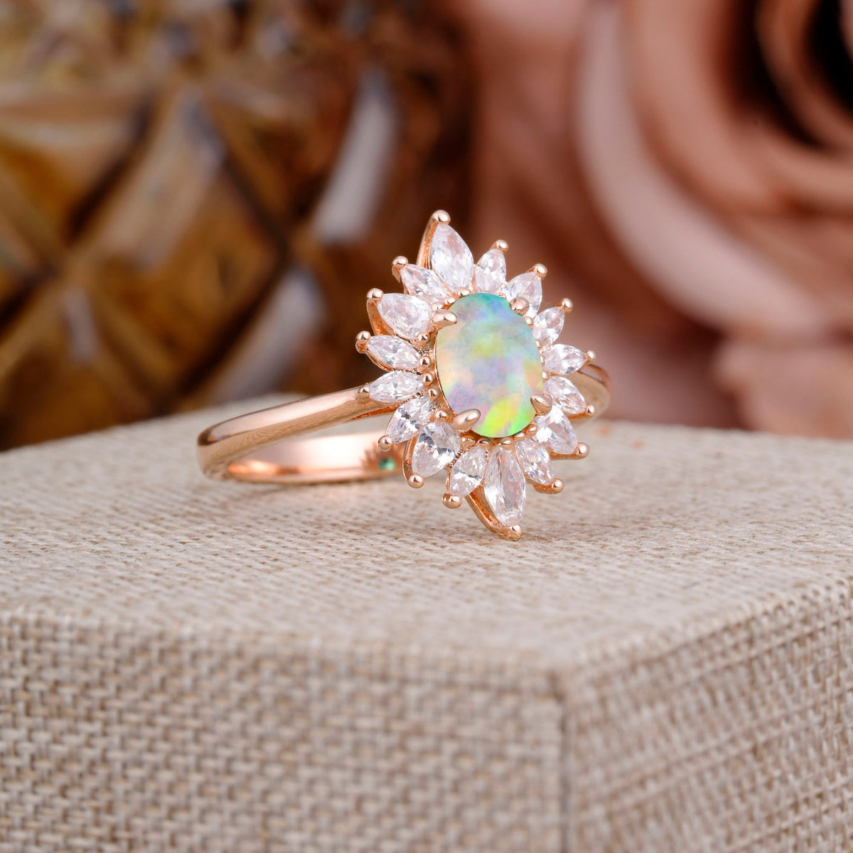1 Carat Oval Cut Flower Opal Halo Engagement Ring