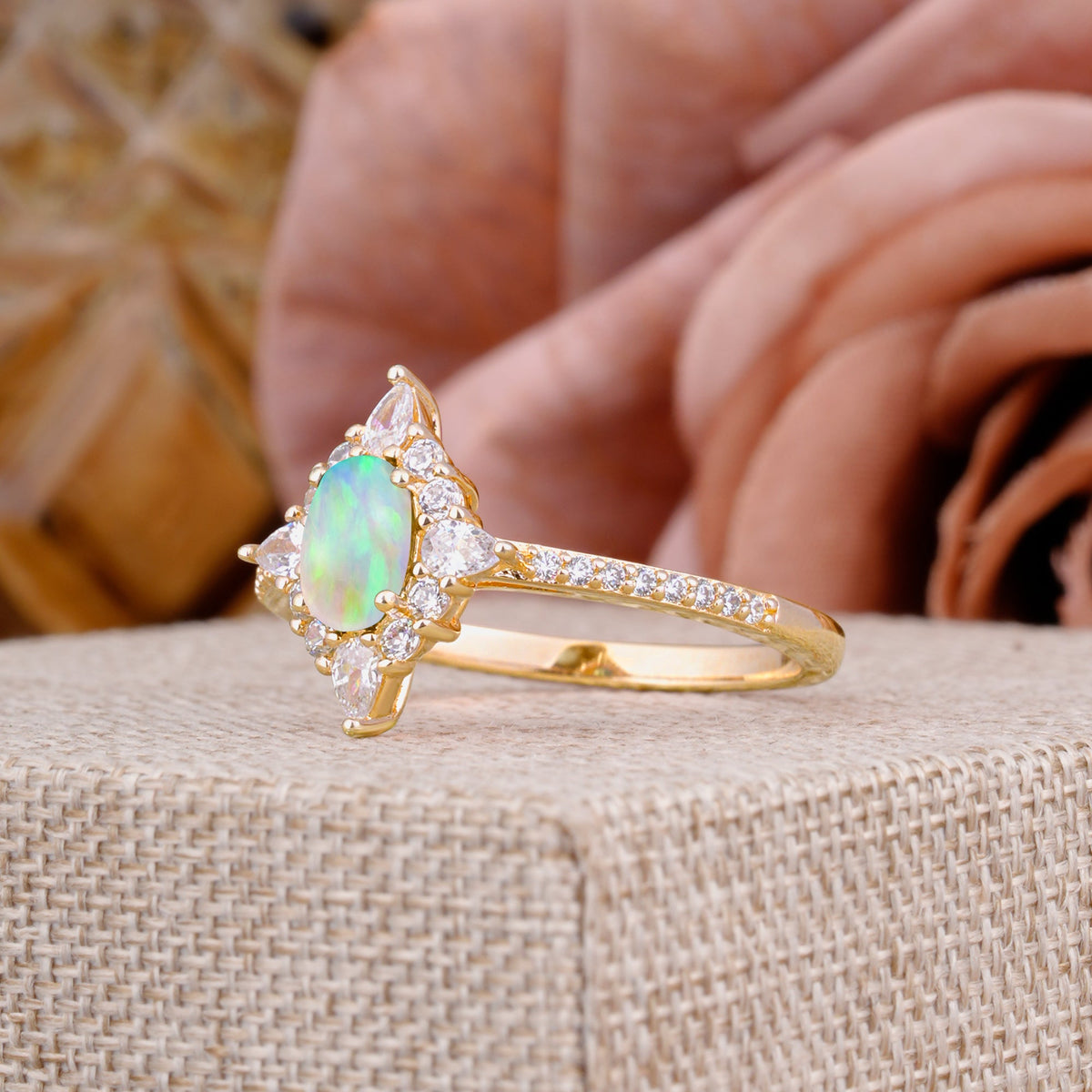 Vintage 4 Prong Oval Cut Opal Engagement Ring Cluster Pave Bridal Ring