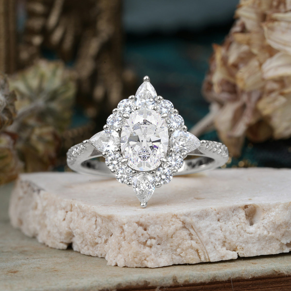 Luxury Oval Cut Halo Pavé Moissanite Engagement Ring