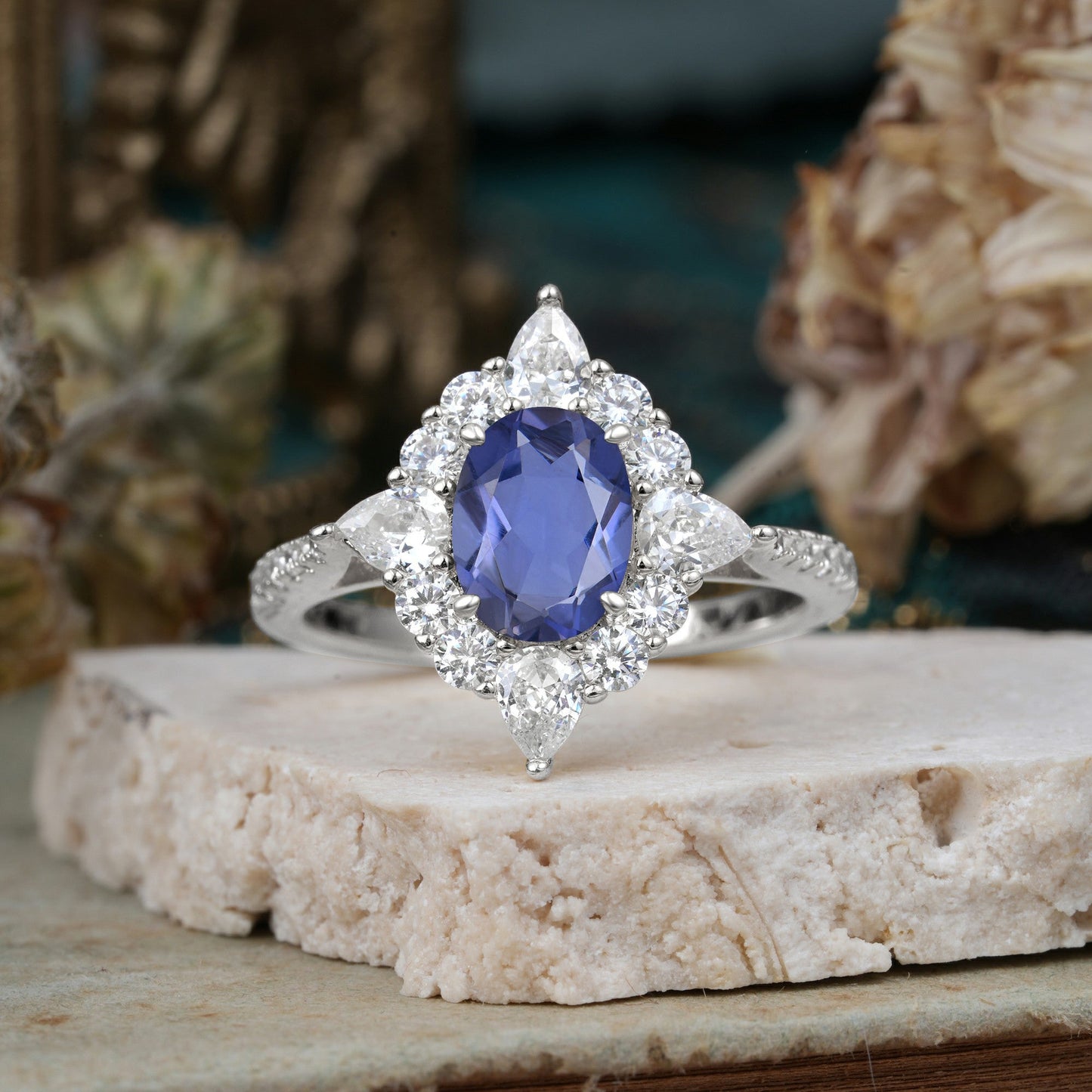 Luxury Oval Cut Halo Pavé Tanzanite Engagement Ring