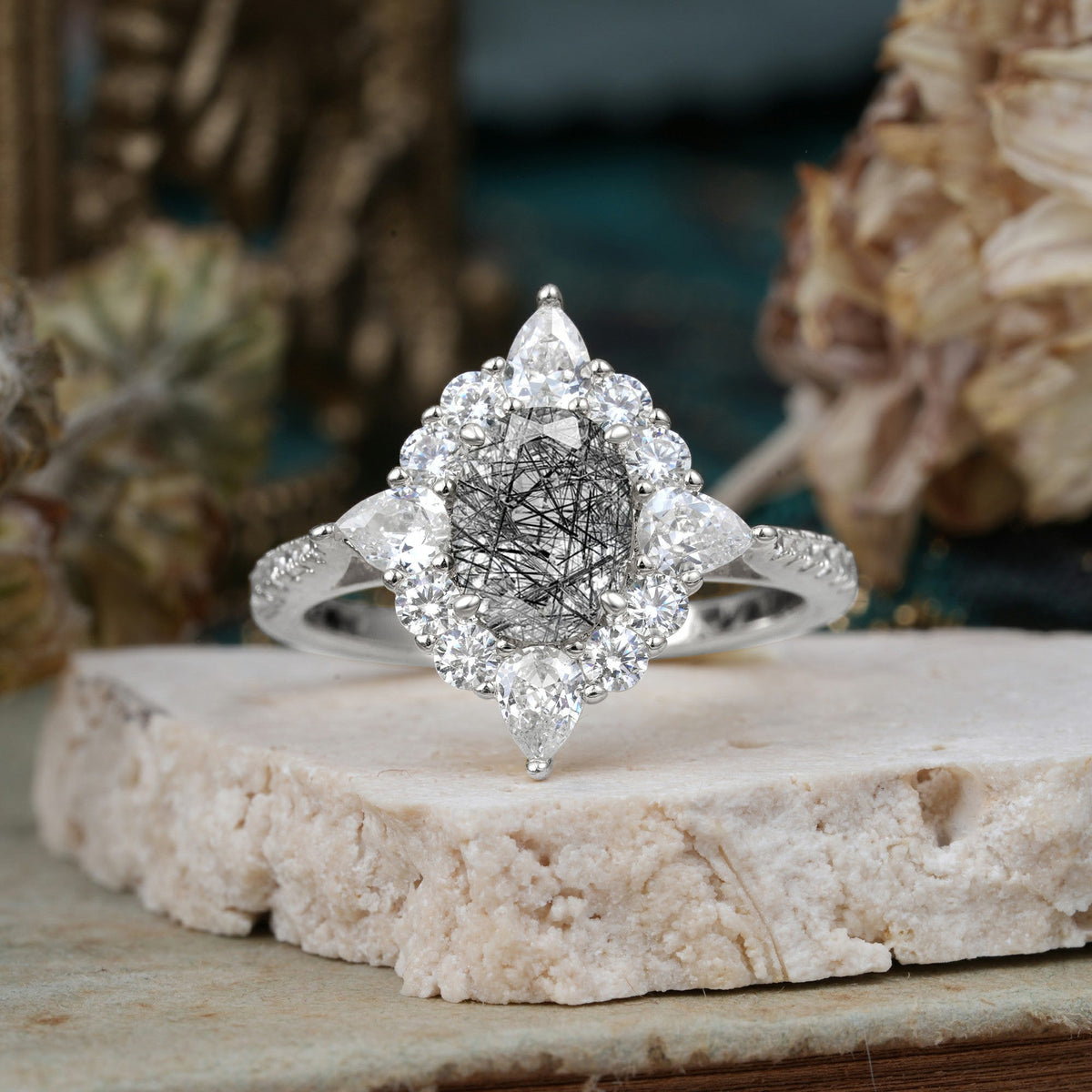 Luxury Oval Cut Halo Pavé Black Rutilated Quartz Engagement Ring
