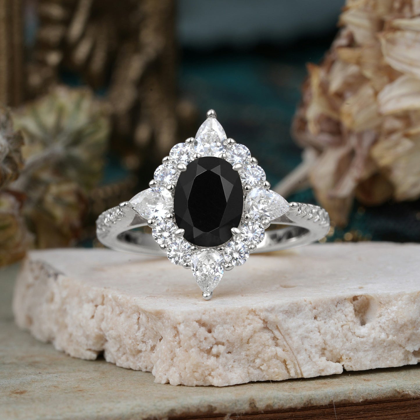 Luxury Oval Cut Halo Pavé Black Onyx Engagement Ring