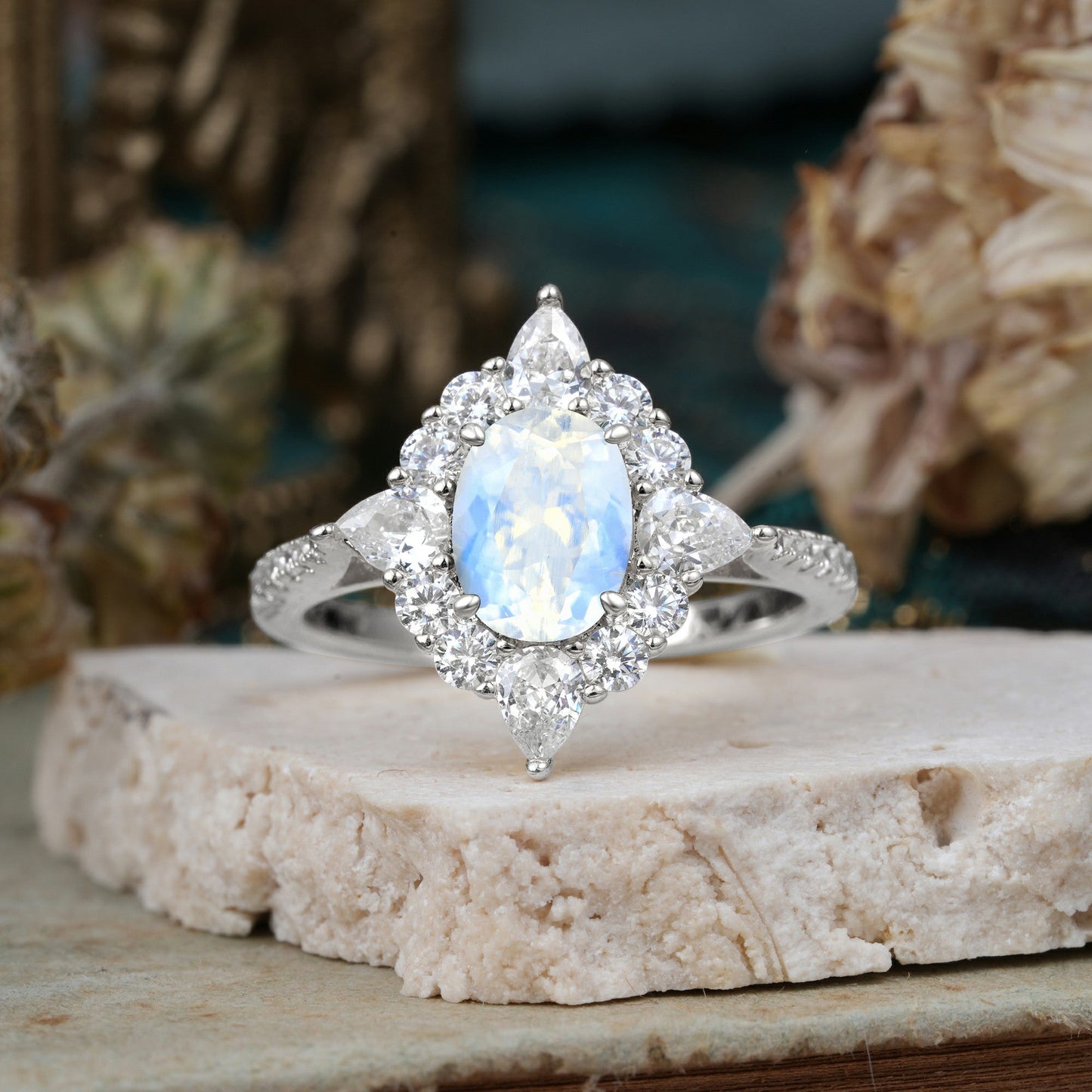 Luxury Oval Cut Halo Pavé Moonstone Engagement Ring