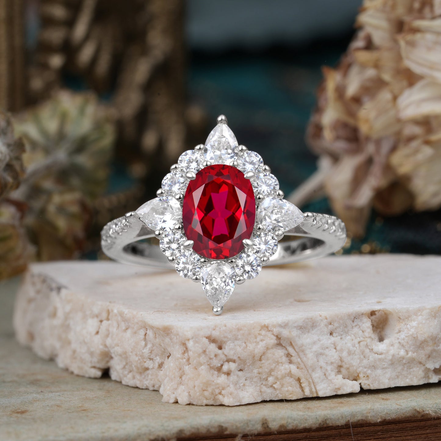 Luxury Oval Cut Halo Pavé Ruby Engagement Ring