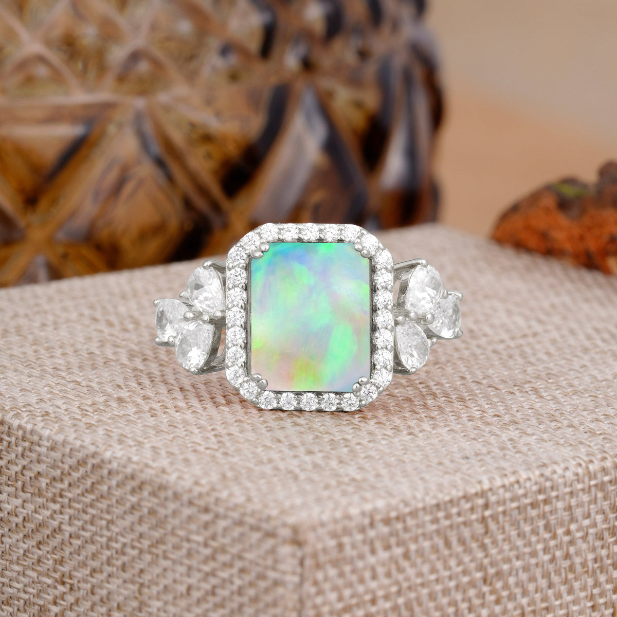 4CT Emerald Cut Fire Opal Engagement Ring Vintage Classic Side Stones Halo Bridal Ring
