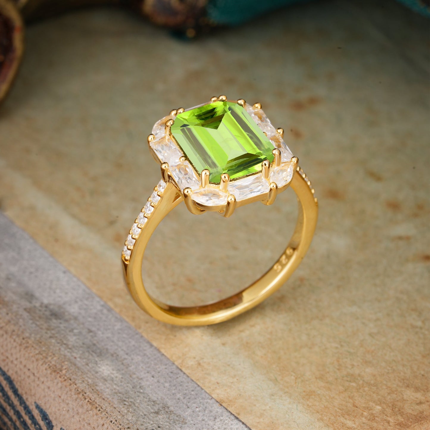 4CT Emerald Cut Peridot Engagement Ring Pave Halo Bridal Ring