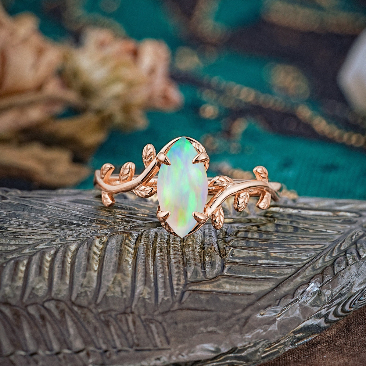 Nature-Inspired Leafy Branch 4-Prong Marquise Opal Engagement Ring