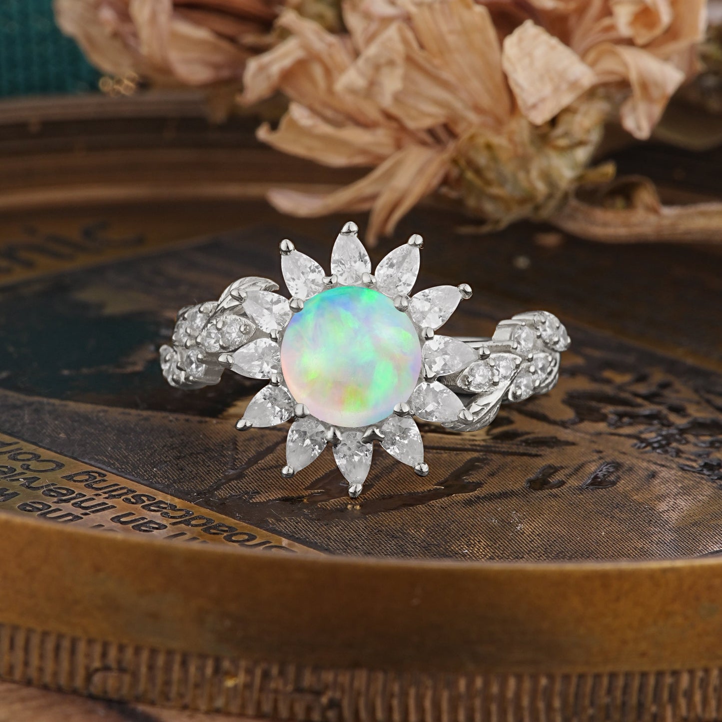 Nature-Inspired Sunflower 4-Prong Round Cut Fire Opal Engagement Ring