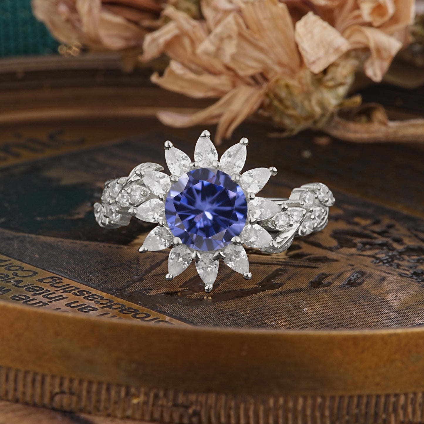 Nature-Inspired Sunflower 4-Prong Round Cut Tanzanite Engagement Ring