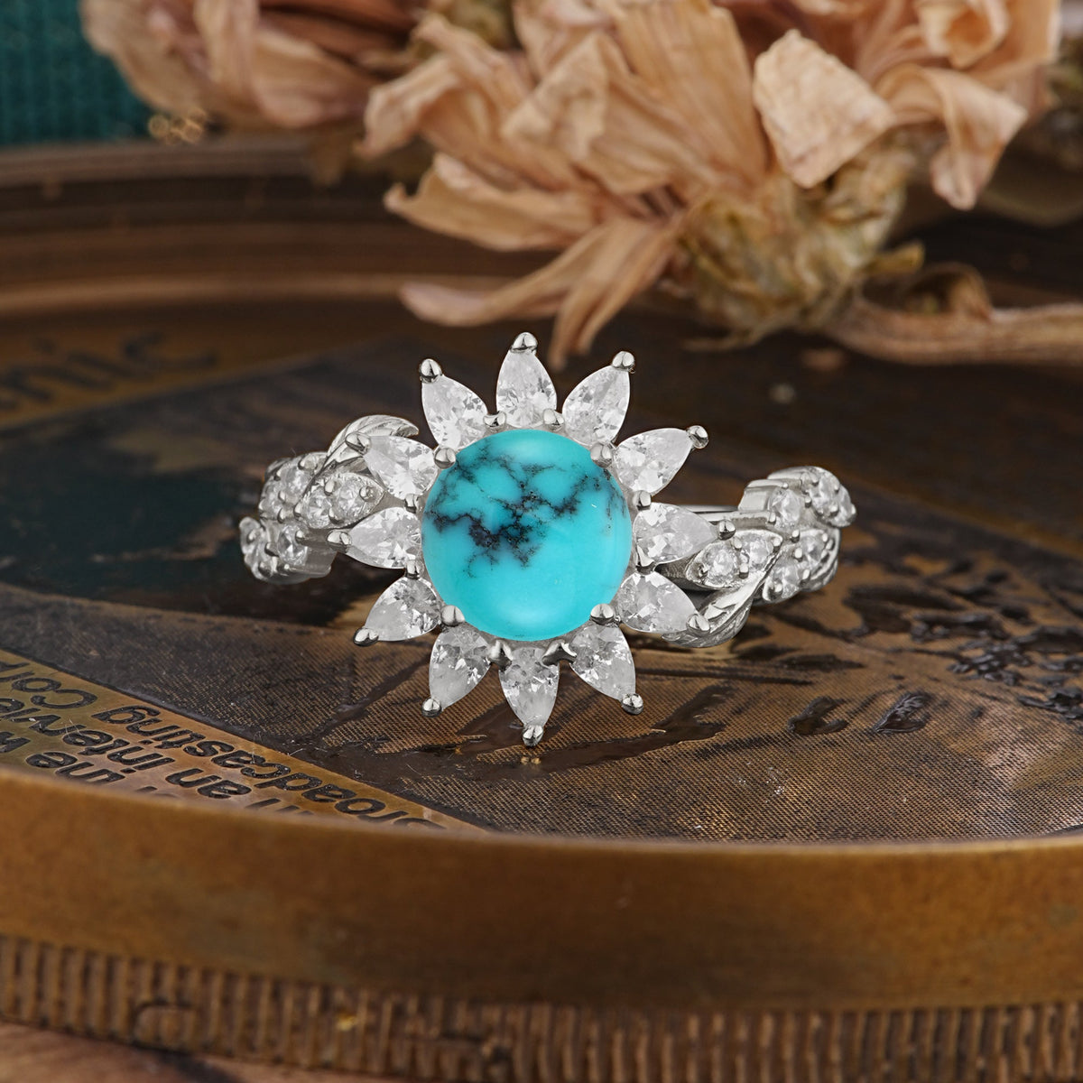 Nature-Inspired Sunflower 4-Prong Round Cut Turquoise Engagement Ring