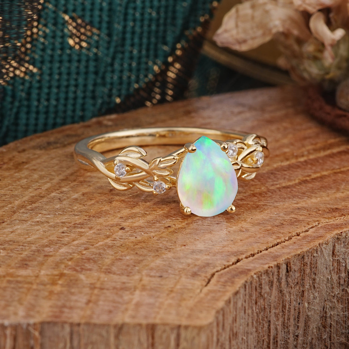 Pear Shape Leaf OpalEngagement Ring – Nature Inspired Vine Engagement Ring for Women