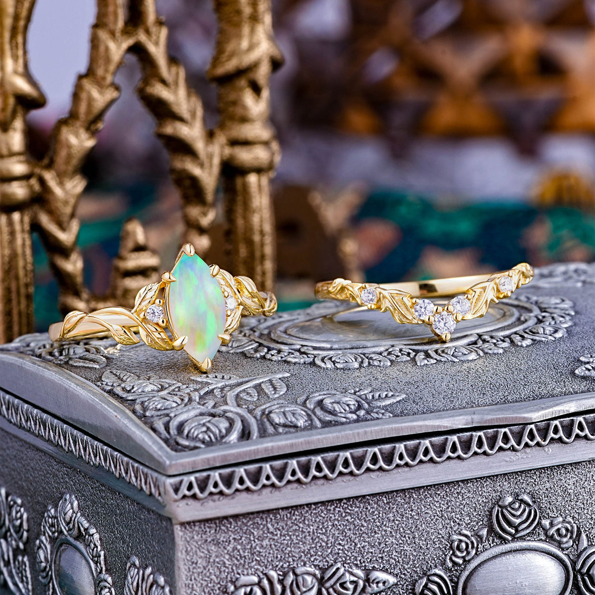 1 Carat Marquise Opal Nature-Inspired Vine Bridal Ring Set