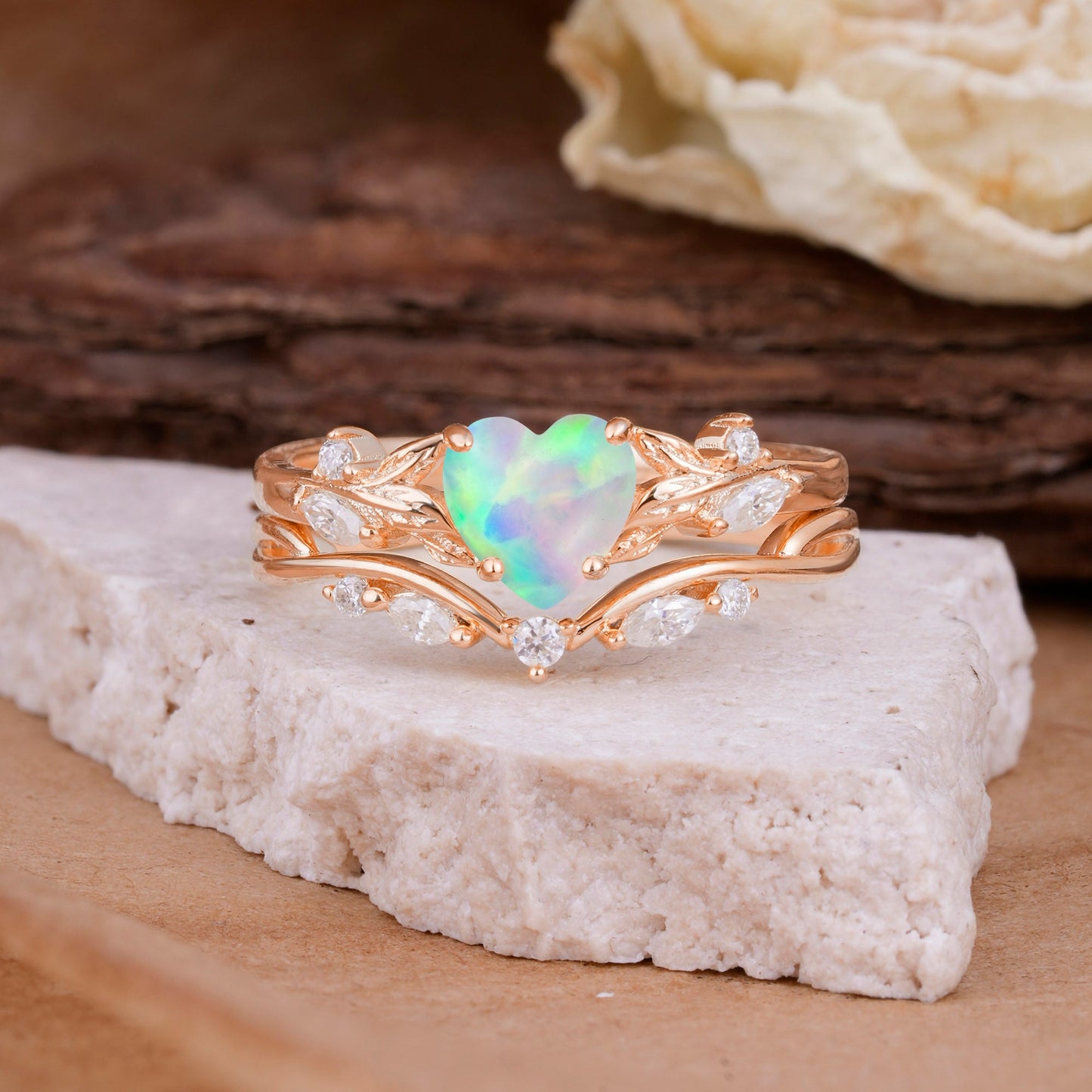 4-Prong Nature-Inspired Heart-Shaped Opal Bridal Ring Set