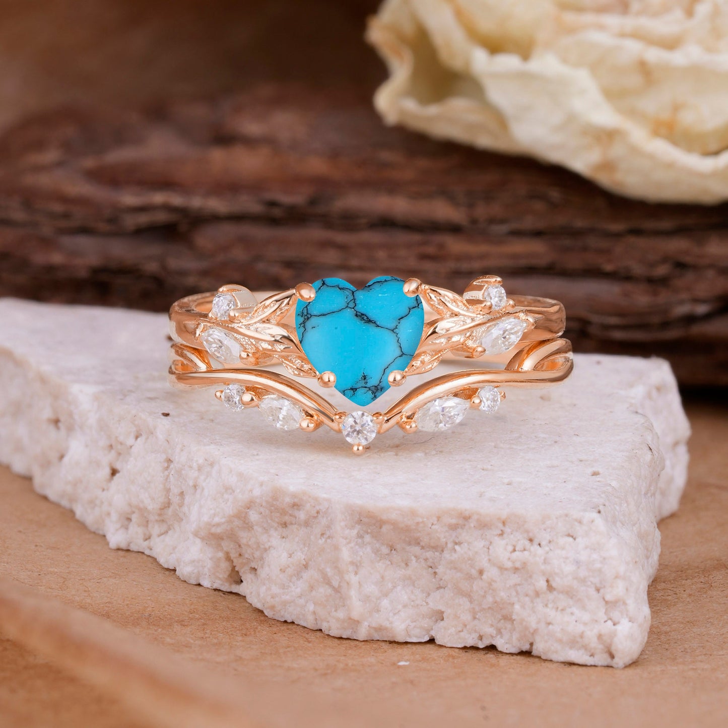 4-Prong Nature-Inspired Heart-Shaped Turquoise Bridal Ring Set