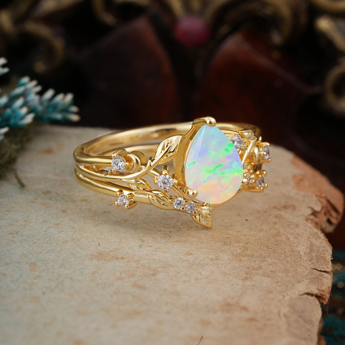 Timeless Pear Cut Opal Bridal Ring Set for Her