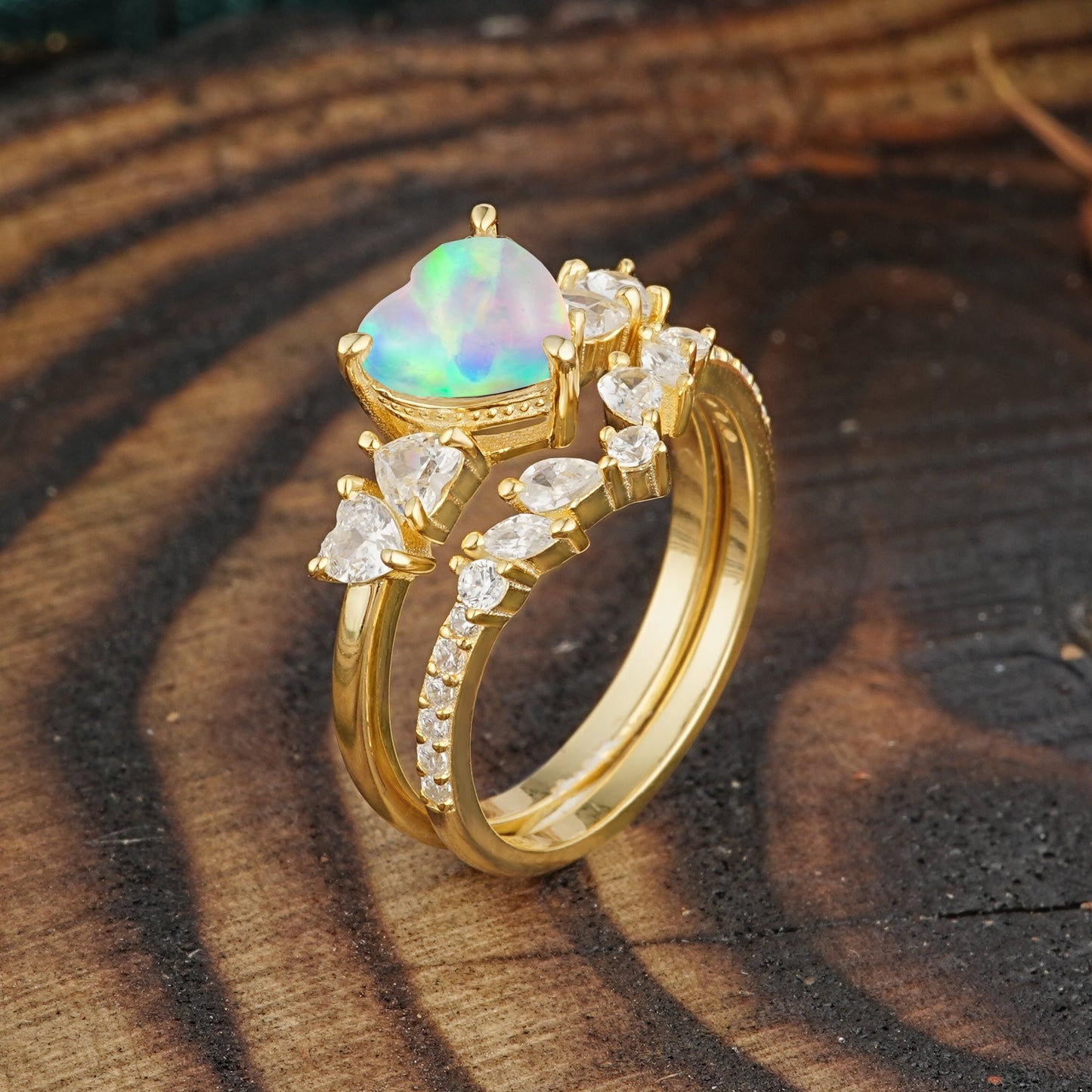 Bohemian Heart 3-Prong Heart Cut Opal Stacking Bridal Ring Set