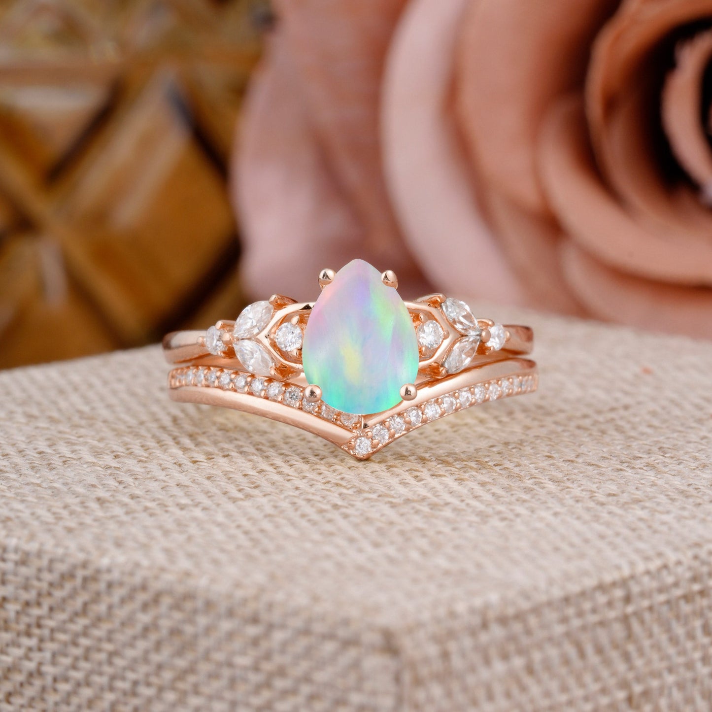 Luxurious Vintage-Inspired 4-Prong Pear-Cut Opal Engagement Ring Set