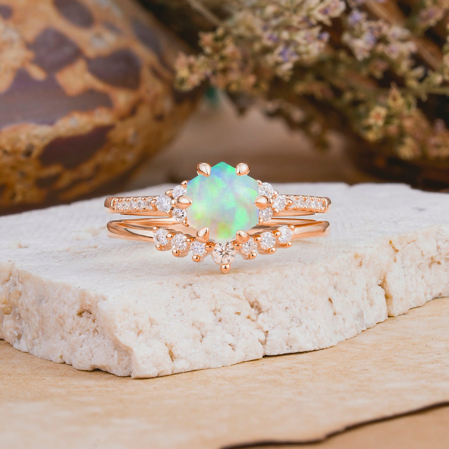 Classic 6-Prong Hexagonal-Cut Opal Bridal Ring Set