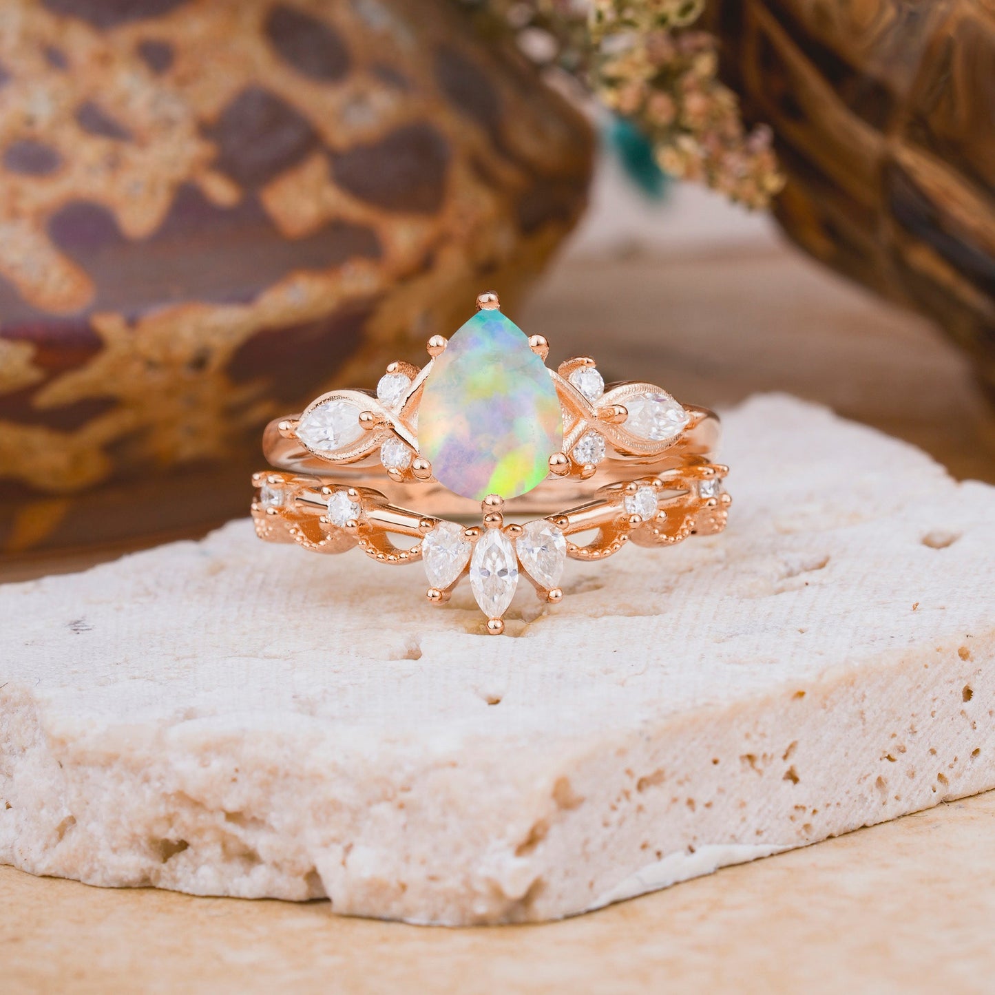 6 Prong Romantic Vine Themed Pear Cut Opal Bridal Ring Set