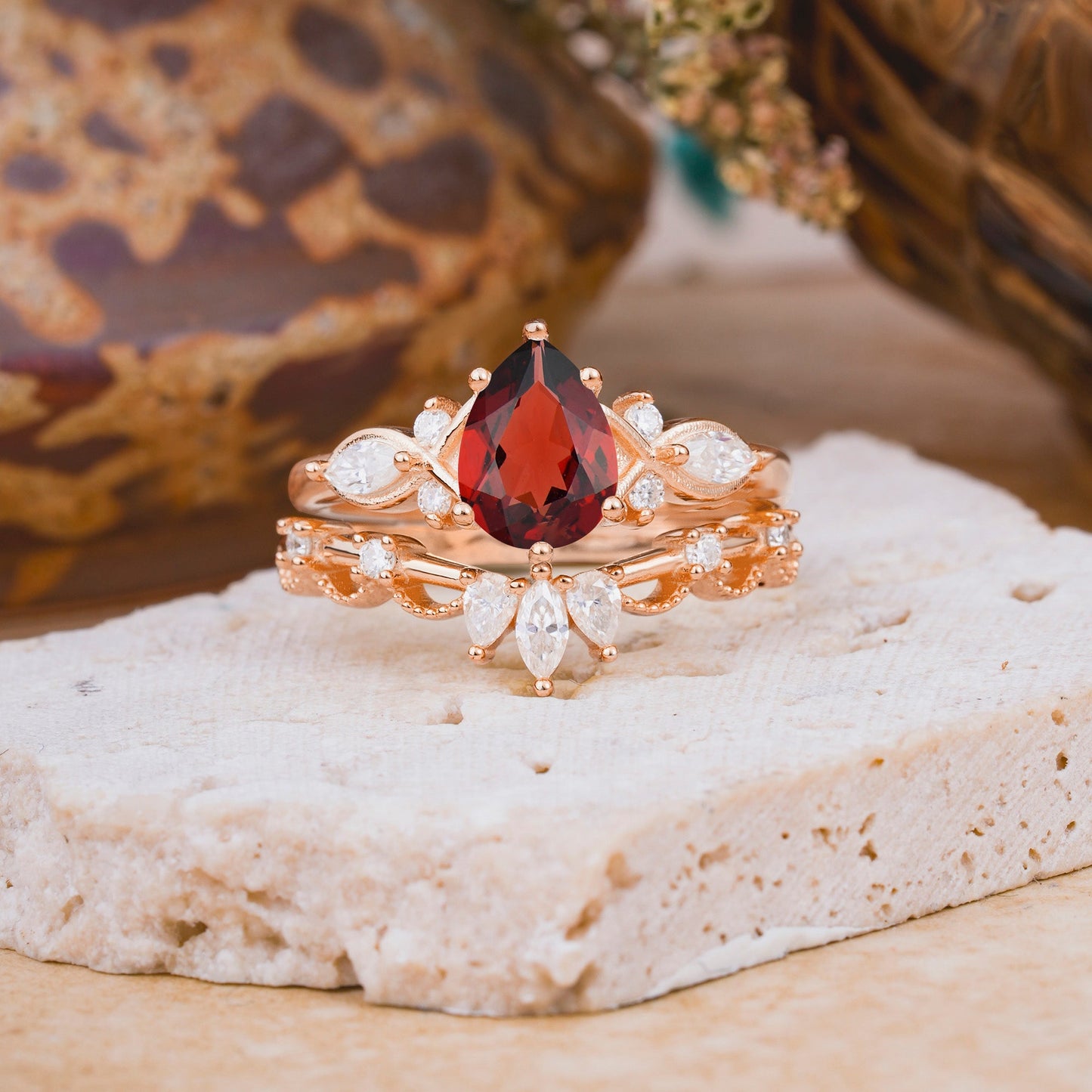 6 Prong Romantic Vine Themed Pear Cut Garnet Bridal Ring Set