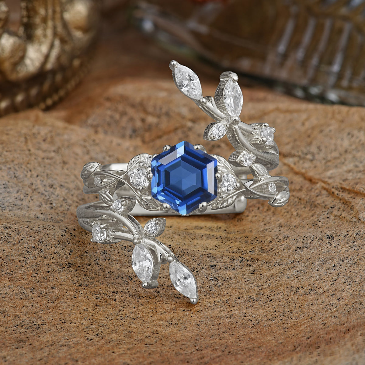Nature-Inspired Luxury Hexagonal-Cut Sapphire Bridal Ring Set