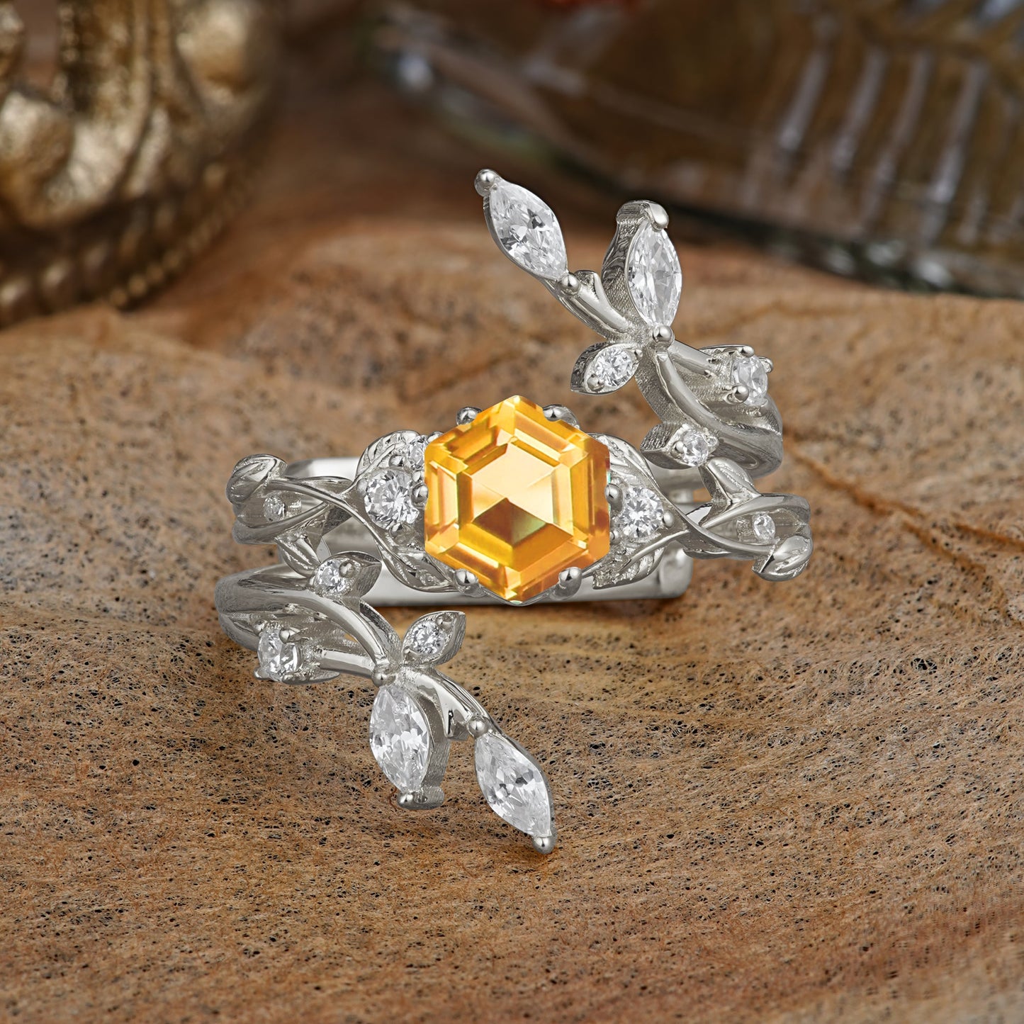 Nature-Inspired Luxury Hexagonal-Cut Citrine Bridal Ring Set