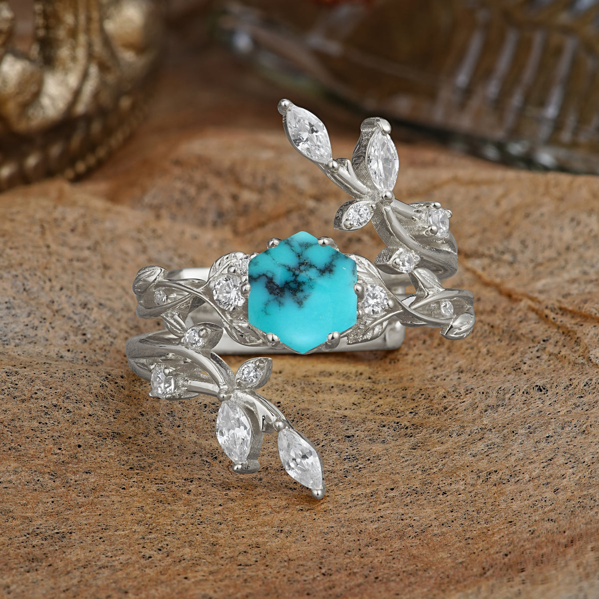 Nature-Inspired Luxury Hexagonal-Cut Turquoise Bridal Ring Set