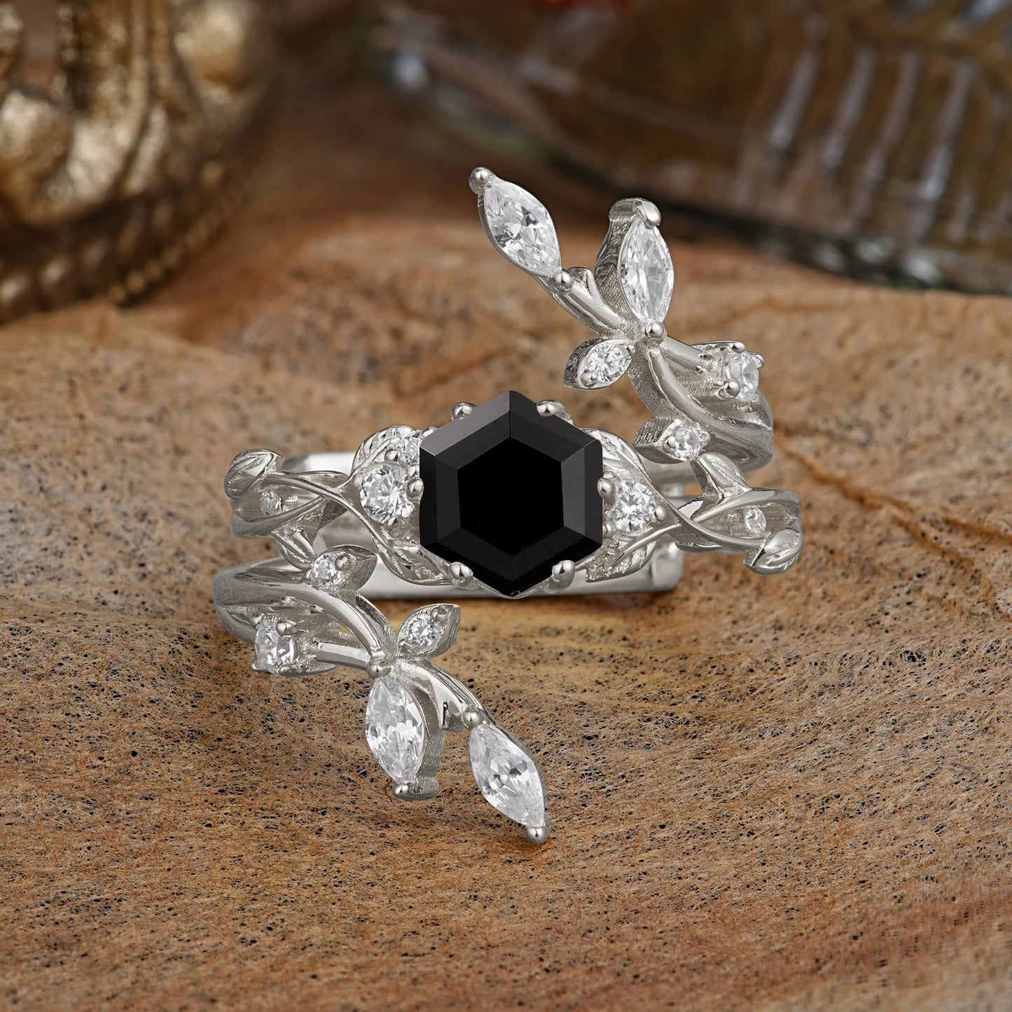 Nature-Inspired Luxury Hexagonal-Cut Black Onyx Bridal Ring Set