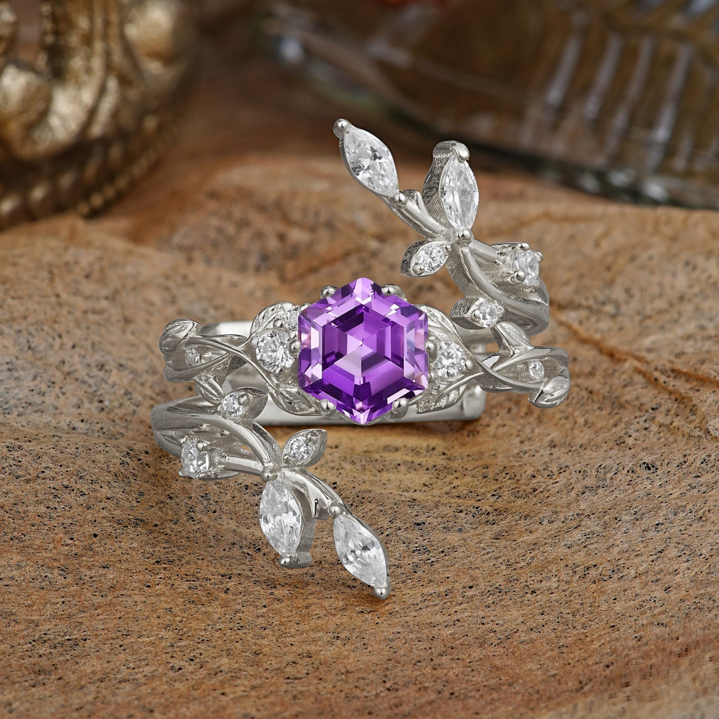 Nature-Inspired Luxury Hexagonal-Cut Amethyst Bridal Ring Set
