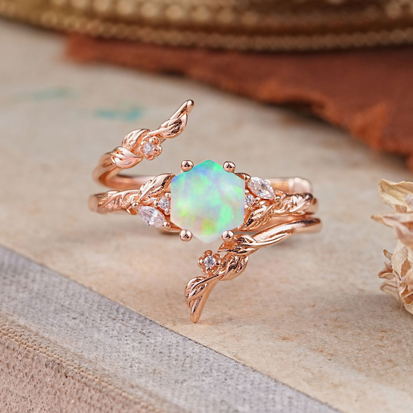 Botanical Hexagon Opal Bridal Ring Set