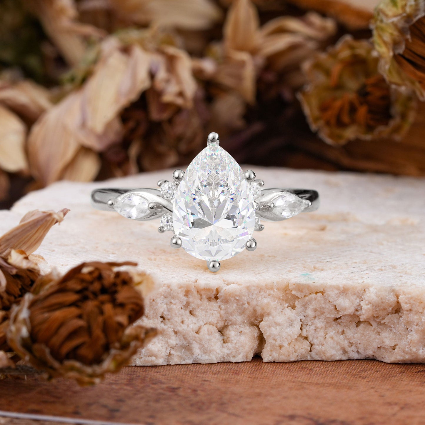 Vintage Pear Cut Moissanite Three Side Stone Engagement Ring with Accents