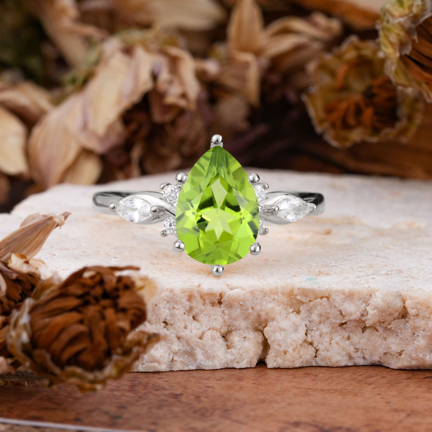 Vintage Pear Cut Peridot Three Side Stone Engagement Ring with Accents